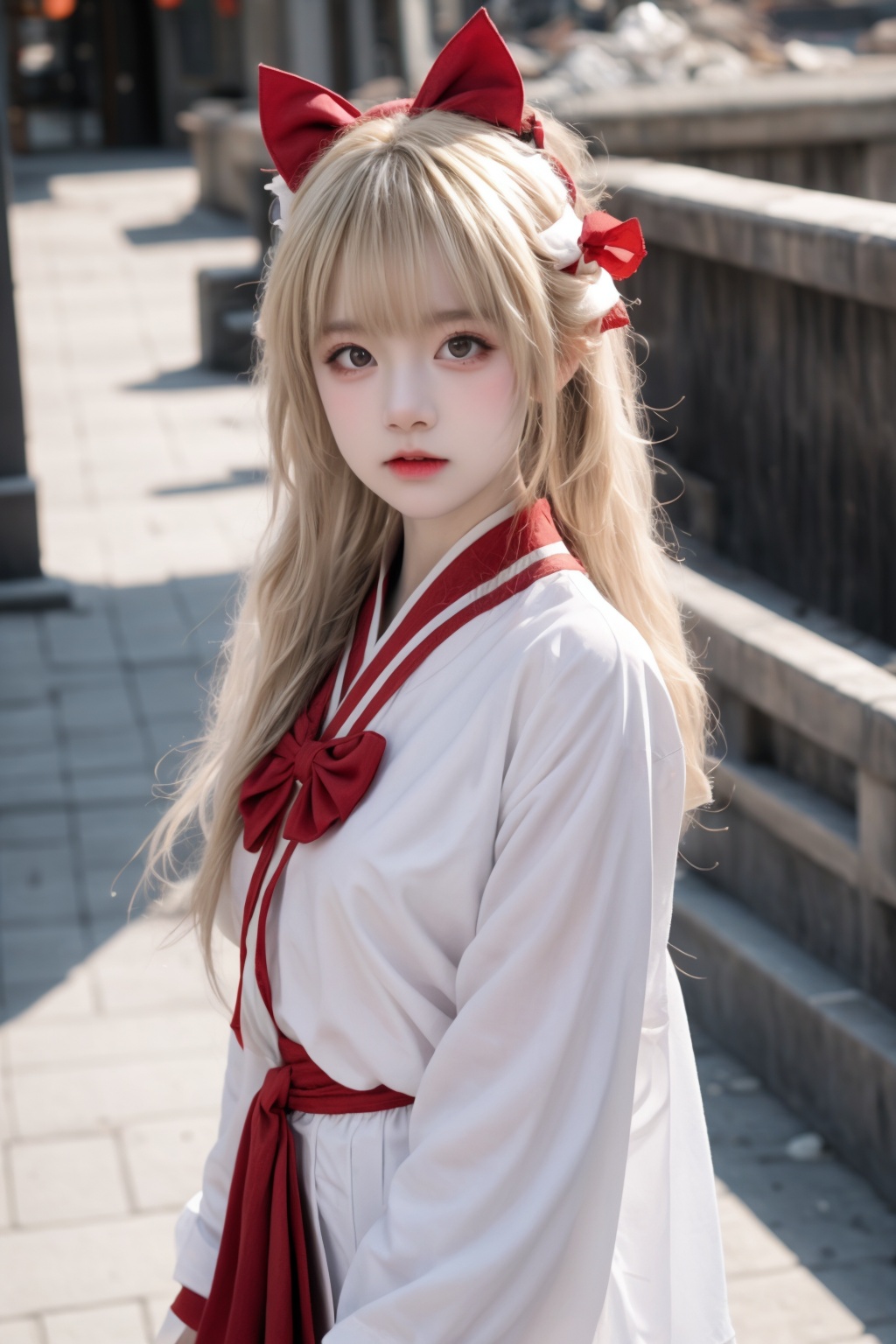 1girl,loli,(blonde hair),long hair,straight_hair,(red_bow_headband:1.1),red eyes,white_sailor_shirt,sailor_collar,(oversized clothes:1.1),sleeves_past_wrists,bottomless,standing,(from_above:1.1),angry,white background,simple background,hanfu,cos,