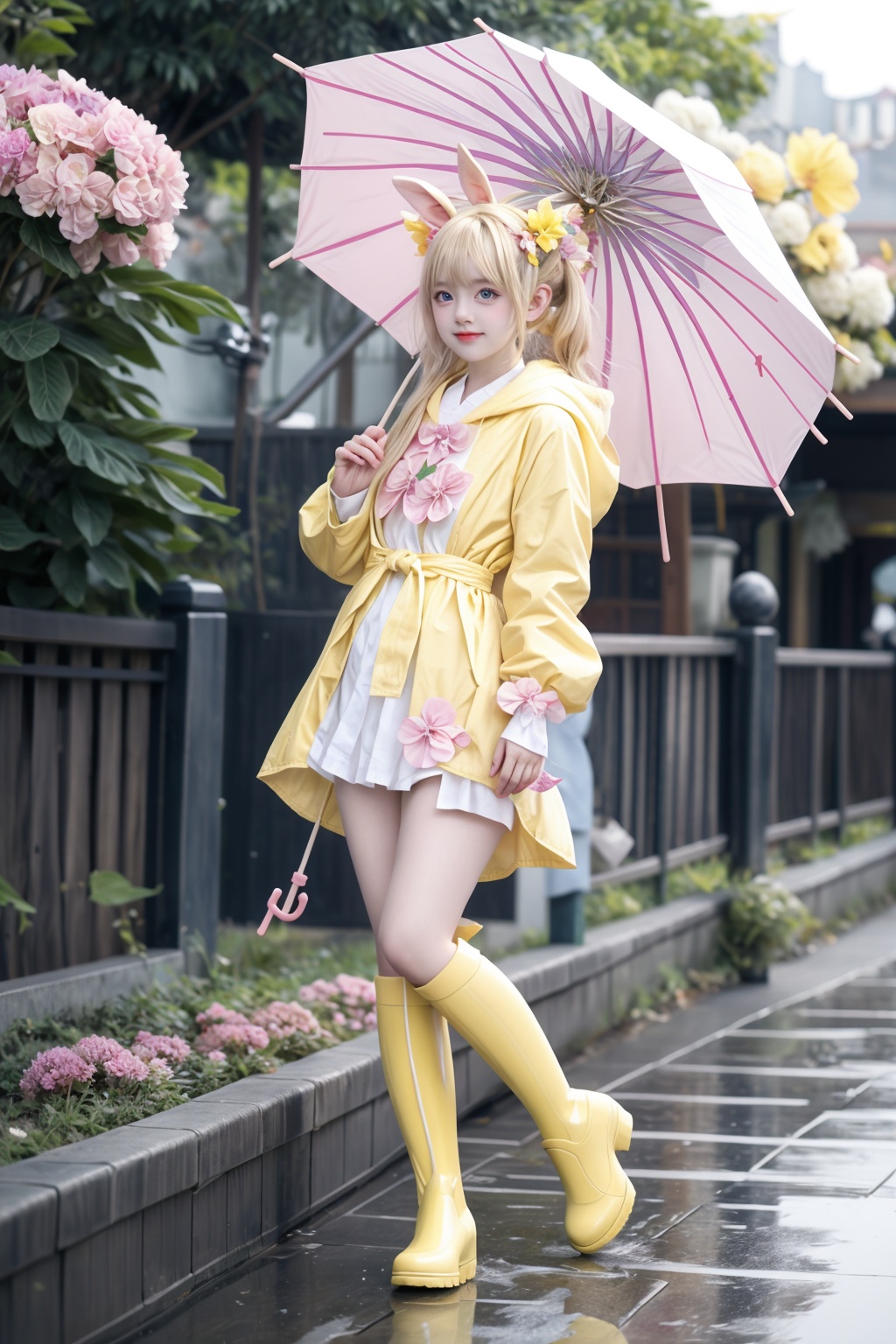 1girl,rainbow,raincoat,yellow raincoat,rubber boots,hydrangea,flower,long hair,twintails,boots,blush,umbrella,open mouth,hair ornament,white background,hood,solo,teruterubouzu,very long hair,hood up,long sleeves,low twintails,bow,bangs,smile,animal hood,blue eyes,rabbit,closed umbrella,puddle,full body,:d,snail,yellow footwear,simple background,pink flower,standing,leaf umbrella,holding umbrella,food-themed hair ornament,hair bow,animal ears,holding,blonde hair,hair flower,rain,animal,