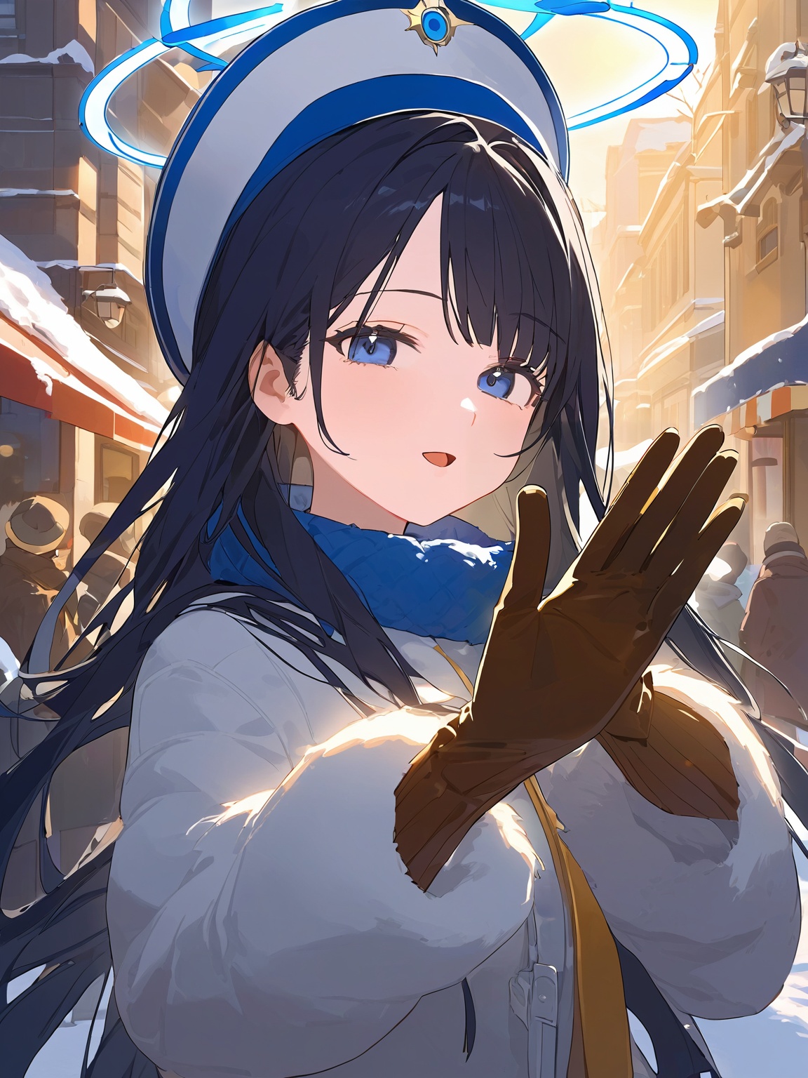 Best quality + masterpiece +1 girl + solo + looking at the audience +(close mouth)+ long black hair + deep blue pupils +8K+ Winter + street + hat + appearance + gloves + try to figure out hand + sunshine + dynamic + real + lens halo + lifelike, masterpiece, best quality, masterpiece, best quality