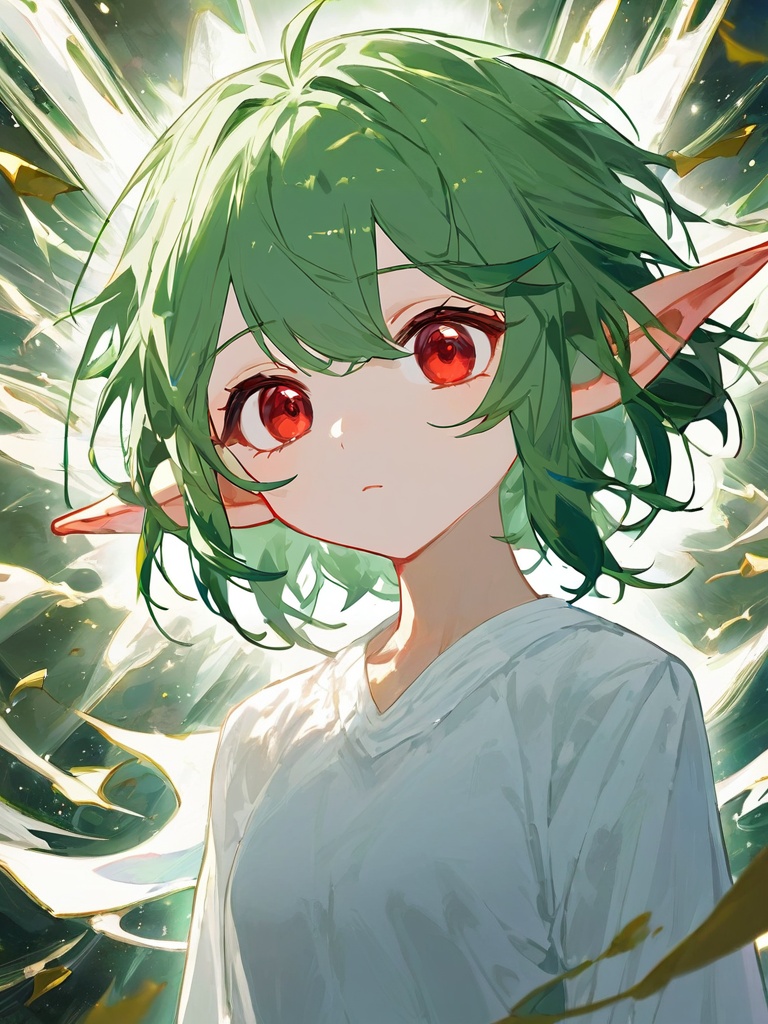 ((masterpiece)),((( best quality))),(( ultra-detailed)),green hair,( red eyes), spirit, short hair, white shirt,pointy ears, masterpiece, best quality, masterpiece, best quality