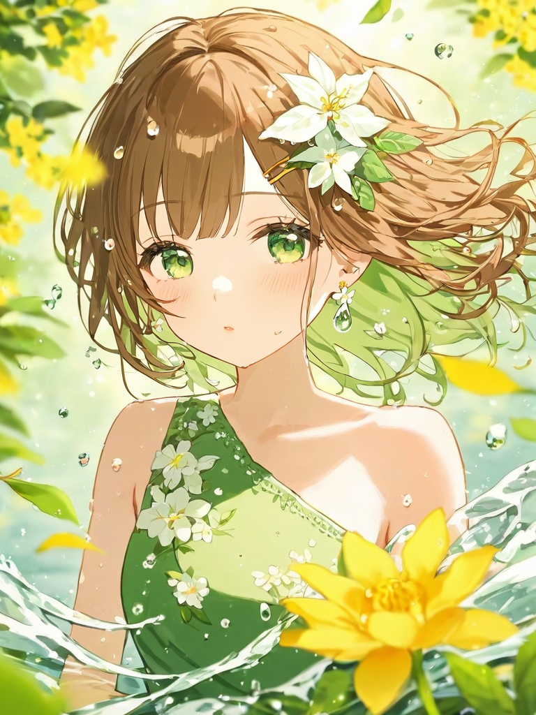 1girl,solo,looking_at_viewer,blush,bangs,brown_hair,hair_ornament,dress,holding,bare_shoulders,green_eyes,upper_body,flower,earrings,parted_lips,green_hair,sleeveless,hair_flower,medium_hair,blurry,sleeveless_dress,floating_hair,leaf,white_flower,green_dress,water_drop,blurry_foreground,bouquet,yellow_flower,