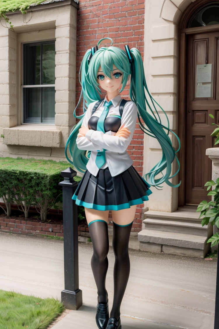((HRD, HUD, 8K)),((masterpiece, best quality)), highly detailed,1girl, hatsune miku, solo, long hair, twintails, window, holding, shirt, very long hair, plant, holding book, book, white shirt, skirt, outdoors, railing, stairs, looking at viewer, green eyes, smile, aqua hair, aqua eyes, long sleeves, bush, standing, crossed arms, blue skirt, green hair, hair between eyes, building,