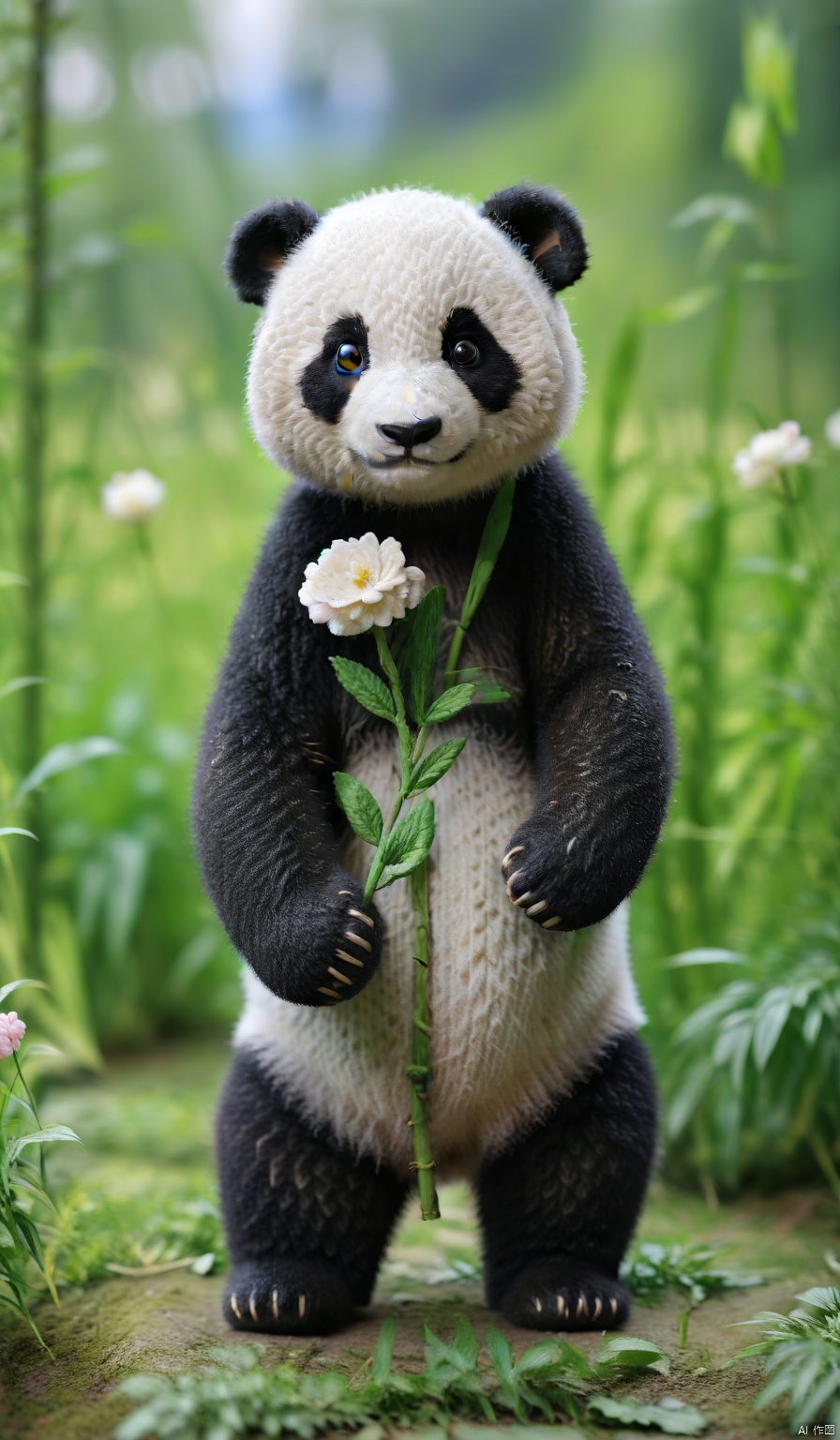 solo,looking_at_viewer,holding,standing,full_body,flower,blurry,no_humans,blurry_background,animal,realistic,holding_flower,animal_focus,
Best quality,masterpiece,,panda