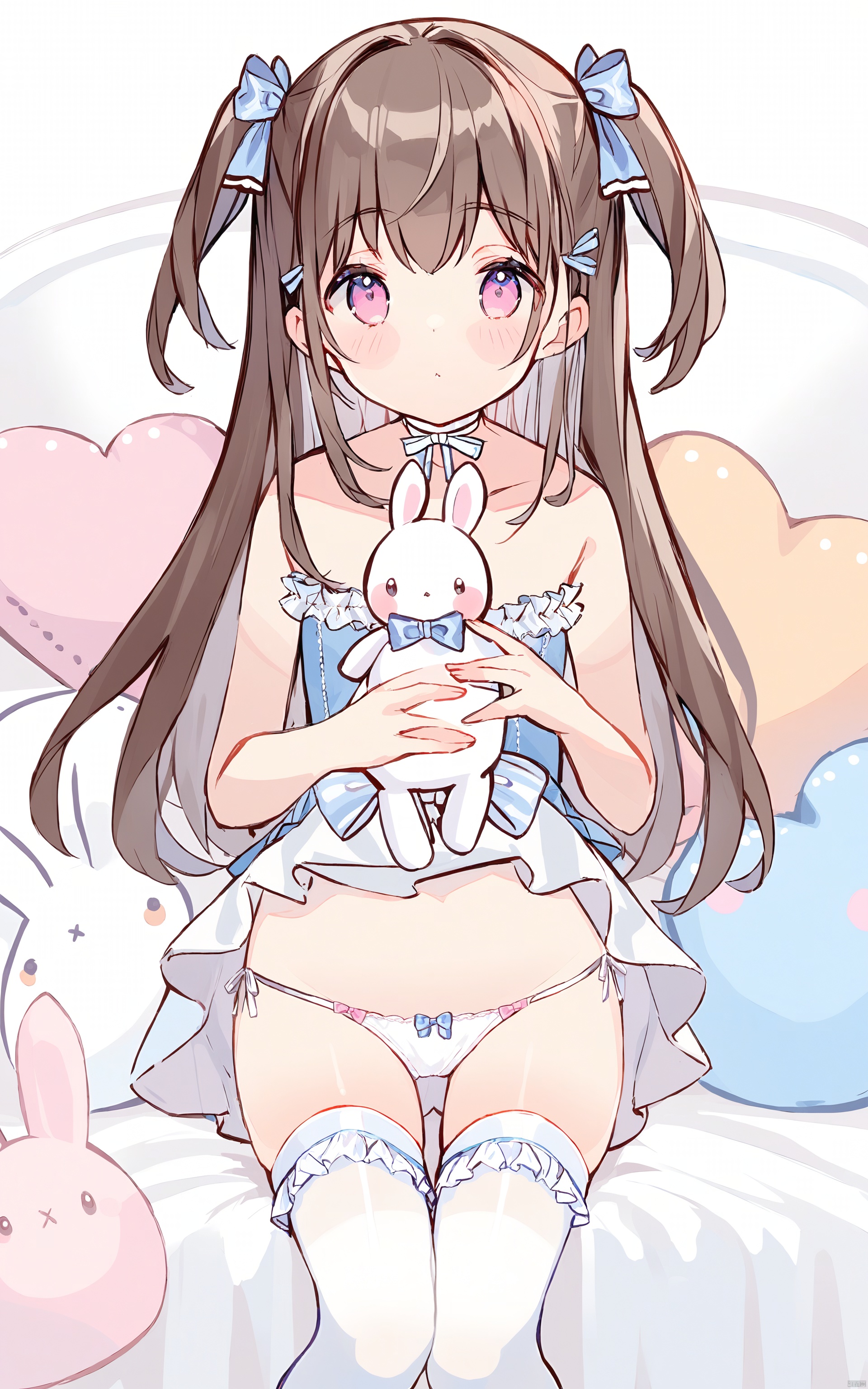 (best quality), ((masterpiece))Thin lines, 1girl, solo, stuffed toy, stuffed animal, thighhighs, underwear, white thighhighs, panties, looking at viewer, two side up, frills, stuffed bunny, long hair, holding stuffed toy, white choker, choker, brown hair, blush, white panties, bangs, ribbon, closed mouth, bow, multicolored hair, pink eyes