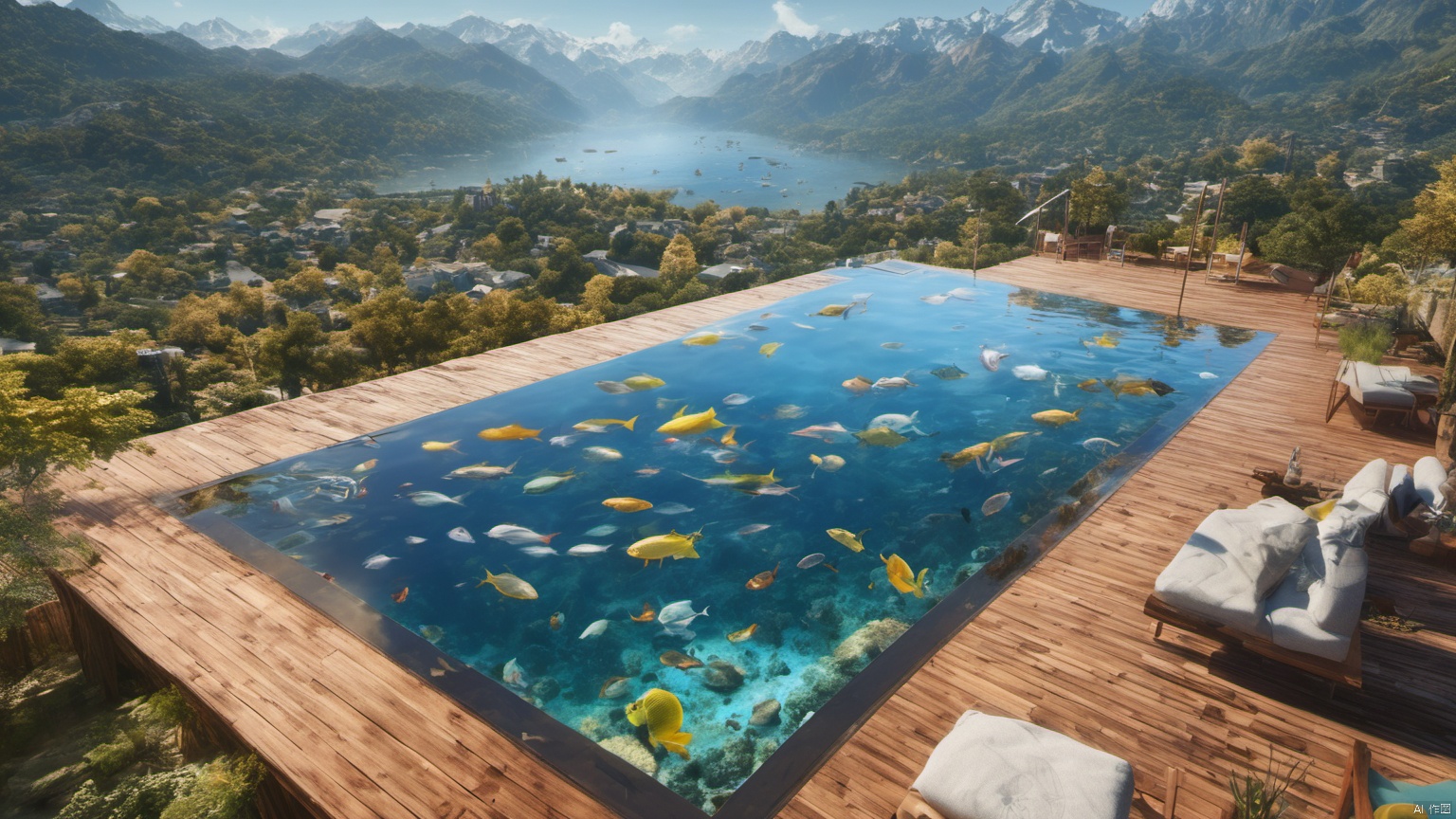  (sea 1),
(Luxury decoration 2),
(A school of fish 1.5),
(Adequate sunlight 1),
(Optical materials 1),
(Water in glass materials 1),
(wonderland 1),
Overlooking,
Representative,
boutique, Ultra HD, 
, reflection, masterpiece, true light and shadow, wide Angle, outdoors, sky, day,
, blue sky, (no humans 1),nature, scenery, Water, 
 (High Quality), Best Quality, (4K), 8K, Super Detail, (Full Detail), (Masterpiece), (Realistic), Super Detail, (Exquisite Detail),,,Mountain peaks, blue sky, flowing water,Scenery, SDXL, lightning, Aquarium, Villa