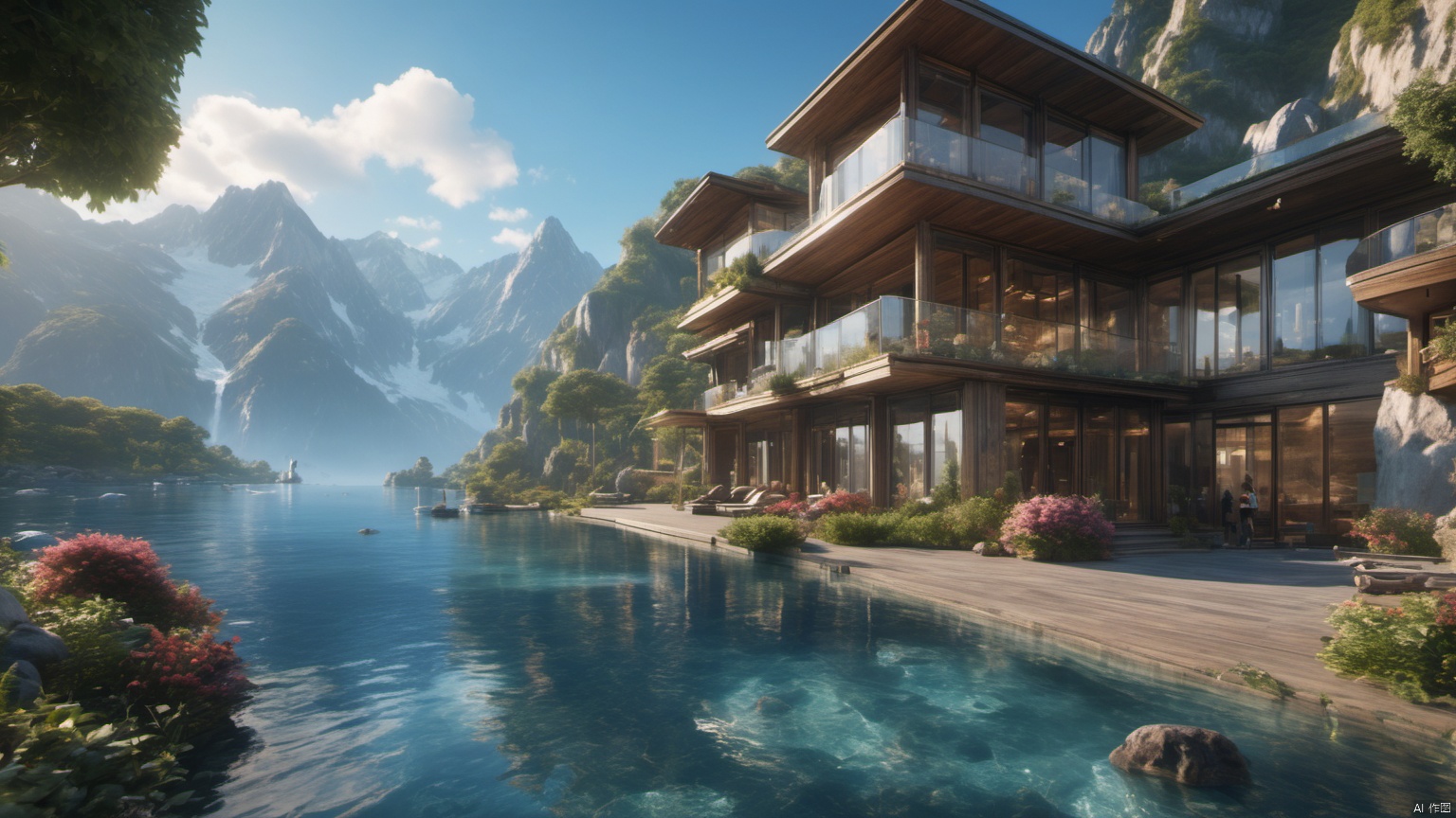  (sea 1),
(Luxury decoration 2),
(A school of fish 1.5),
(Adequate sunlight 1),
(Optical materials 1),
(Water in glass materials 1),
(wonderland 1),
Overlooking,
Representative,
boutique, Ultra HD, 
, reflection, masterpiece, true light and shadow, wide Angle, outdoors, sky, day,
, blue sky, (no humans 1),nature, scenery, Water, 
 (High Quality), Best Quality, (4K), 8K, Super Detail, (Full Detail), (Masterpiece), (Realistic), Super Detail, (Exquisite Detail),,,Mountain peaks, blue sky, flowing water,Scenery, SDXL, lightning, Aquarium, Villa