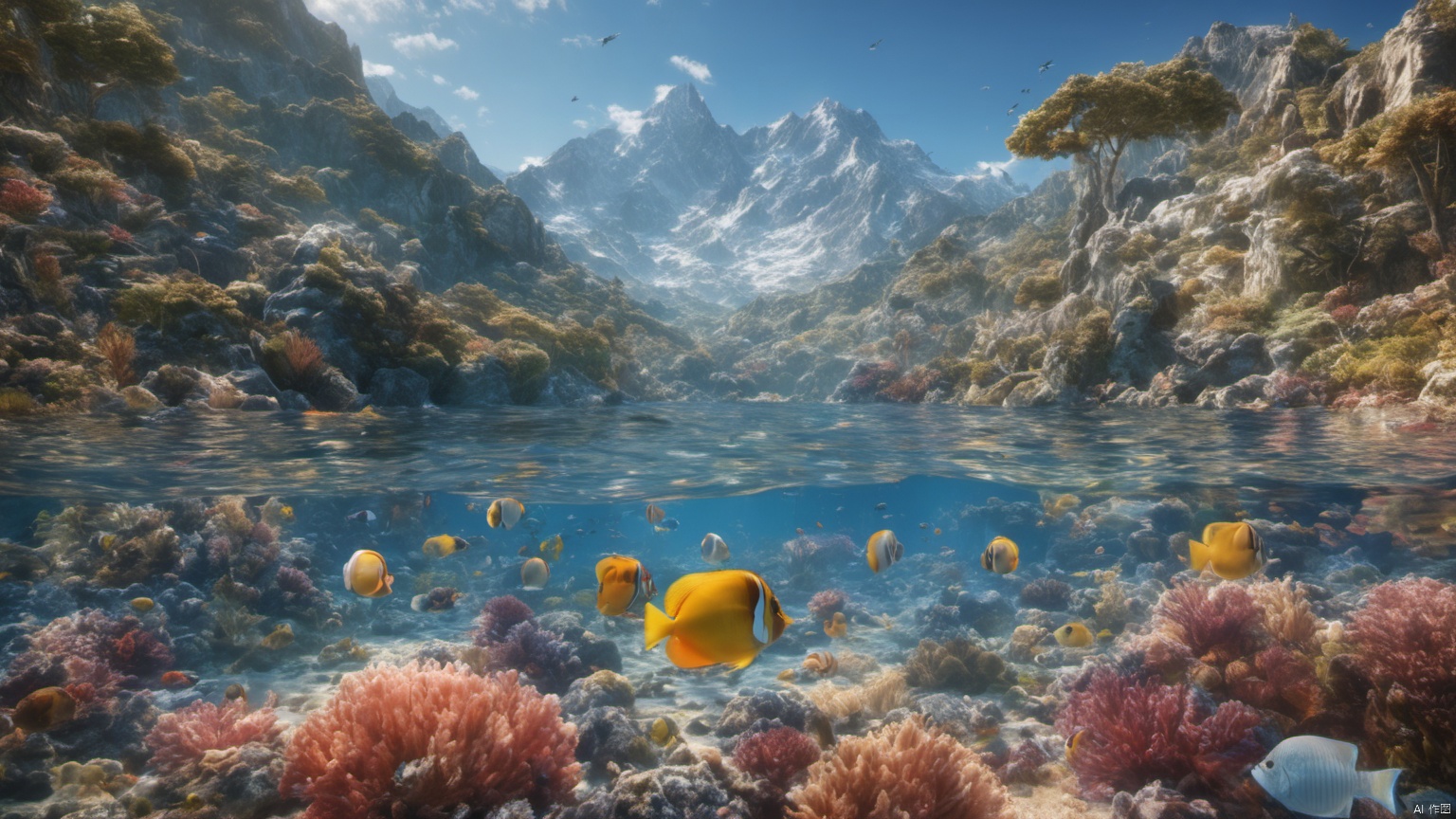 (sea 1),
(Luxury decoration 2),
(A school of fish 1.5),
(Adequate sunlight 1),
(Optical materials 1),
(Water in glass materials 1),
(wonderland 1),
Overlooking,
Representative,
boutique, Ultra HD, 
, reflection, masterpiece, true light and shadow, wide Angle, outdoors, sky, day,
, blue sky, (no humans 1),nature, scenery, Water, 
 (High Quality), Best Quality, (4K), 8K, Super Detail, (Full Detail), (Masterpiece), (Realistic), Super Detail, (Exquisite Detail),,,Mountain peaks, blue sky, flowing water,Scenery, SDXL, lightning, Aquarium, Villa