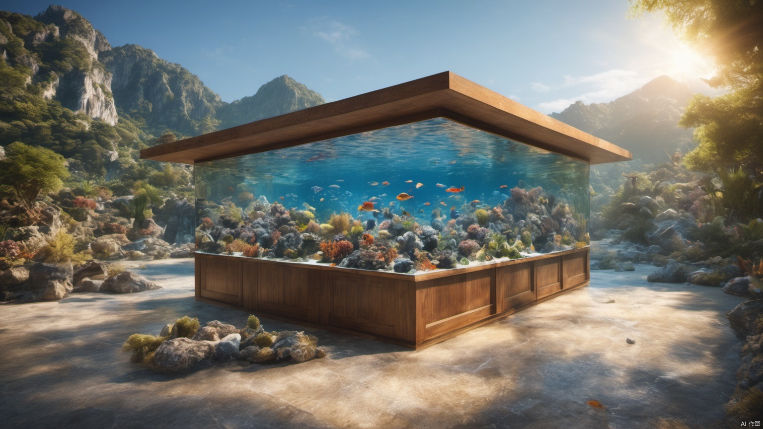 
(Tropical Aquarium 1),
(Adequate sunlight 1),
(Optical materials 1),
(Water in glass materials 1),
(wonderland 1),
Overlooking,
Representative,
boutique, Ultra HD, 
, reflection, masterpiece, true light and shadow, wide Angle, outdoors, sky, day,
, blue sky, (no humans 1),nature, scenery, Water, 
 (High Quality), Best Quality, (4K), 8K, Super Detail, (Full Detail), (Masterpiece), (Realistic), Super Detail, (Exquisite Detail),,,Mountain peaks, blue sky, flowing water,Scenery, SDXL, lightning, Aquarium, Villa
