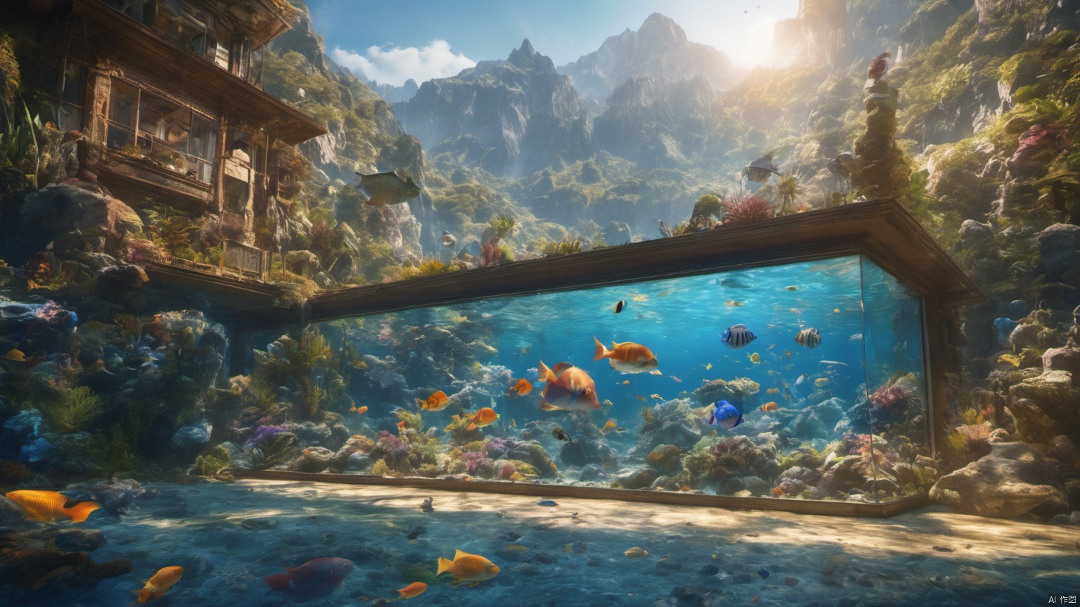 (Tropical Aquarium 1),
(Adequate sunlight 1),
(Optical materials 1),
(Water in glass materials 1),
(wonderland 1),
Overlooking,
Representative,
boutique, Ultra HD, 
, reflection, masterpiece, true light and shadow, wide Angle, outdoors, sky, day,
, blue sky, (no humans 1),nature, scenery, Water, 
 (High Quality), Best Quality, (4K), 8K, Super Detail, (Full Detail), (Masterpiece), (Realistic), Super Detail, (Exquisite Detail),,,Mountain peaks, blue sky, flowing water,Scenery, SDXL, lightning, Aquarium, Villa
