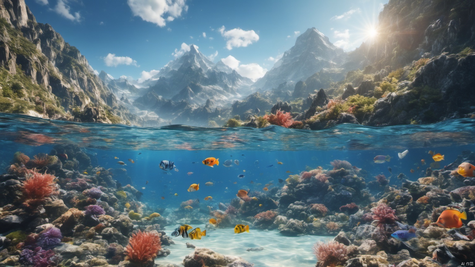 
(Tropical Aquarium 1),
(Adequate sunlight 1),
(Optical materials 1),
(Water in glass materials 1),
(wonderland 1),
Overlooking,
Representative,
boutique, Ultra HD, 
, reflection, masterpiece, true light and shadow, wide Angle, outdoors, sky, day,
, blue sky, (no humans 1),nature, scenery, Water, 
 (High Quality), Best Quality, (4K), 8K, Super Detail, (Full Detail), (Masterpiece), (Realistic), Super Detail, (Exquisite Detail),,,Mountain peaks, blue sky, flowing water,Scenery, SDXL, lightning, Aquarium, Villa
