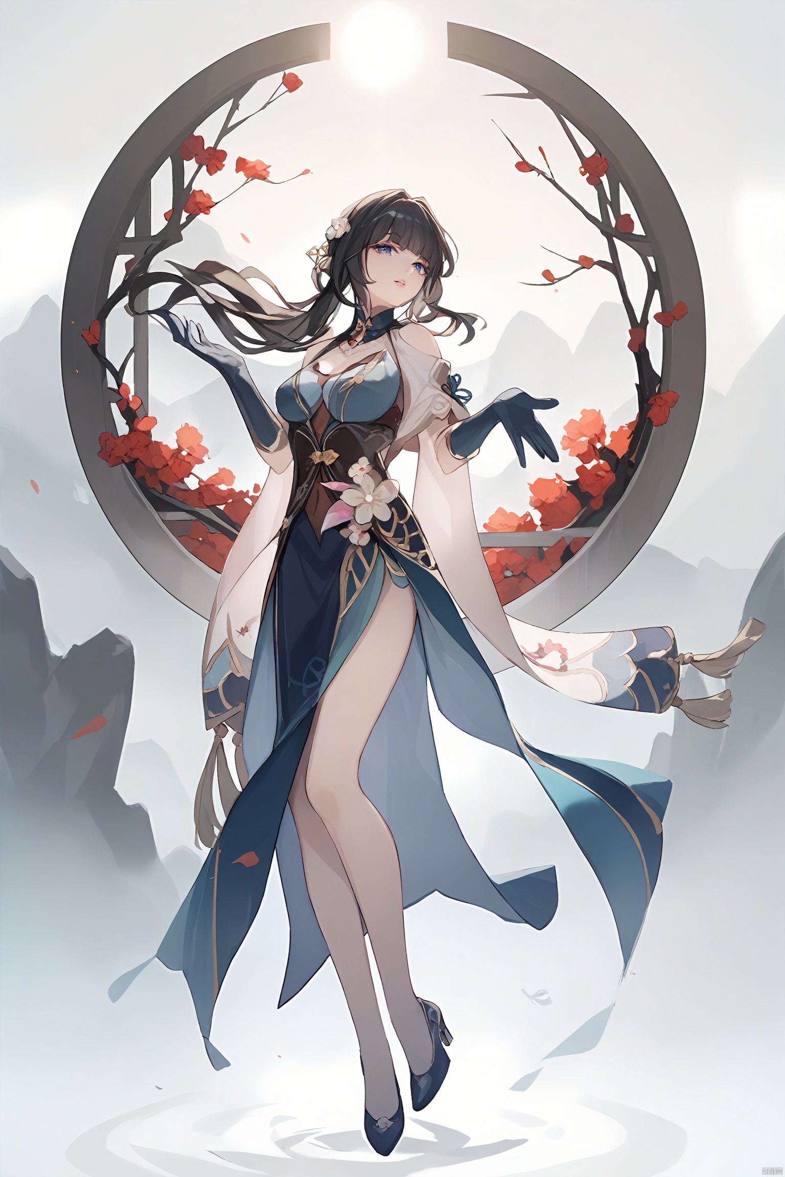  score_9,score_8_up,score_7_up,best quality,masterpiece,,
 masterpiece, best quality,1girl, long hair , parted lips, solo,bangs, portrait, lips,blunt bangs, yelashes , full_body,full body,good hands,nice hands,
ruanmei, def clothe, 1girl, gloves, blue eyes, black hair, dress, breasts, high heels, chineseclothes,
cowboy shot,,,wide shot,floating,lens 135mm,f1.8,