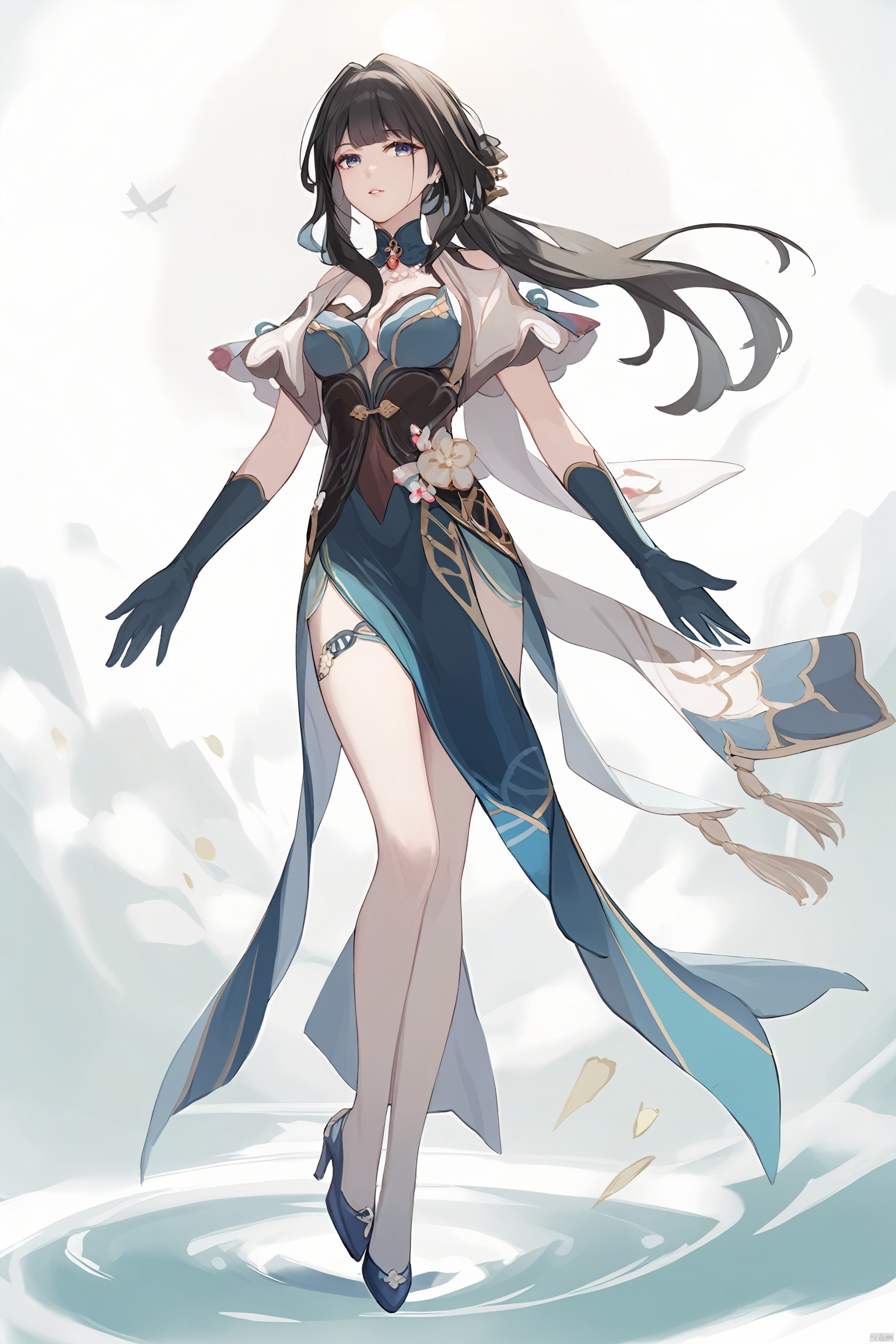  score_9,score_8_up,score_7_up,best quality,masterpiece,,
 masterpiece, best quality,1girl, long hair , parted lips, solo,bangs, portrait, lips,blunt bangs, yelashes , full_body,full body,good hands,nice hands,
ruanmei, def clothe, 1girl, gloves, blue eyes, black hair, dress, breasts, high heels, chineseclothes,
cowboy shot,,,wide shot,floating,lens 135mm,f1.8,