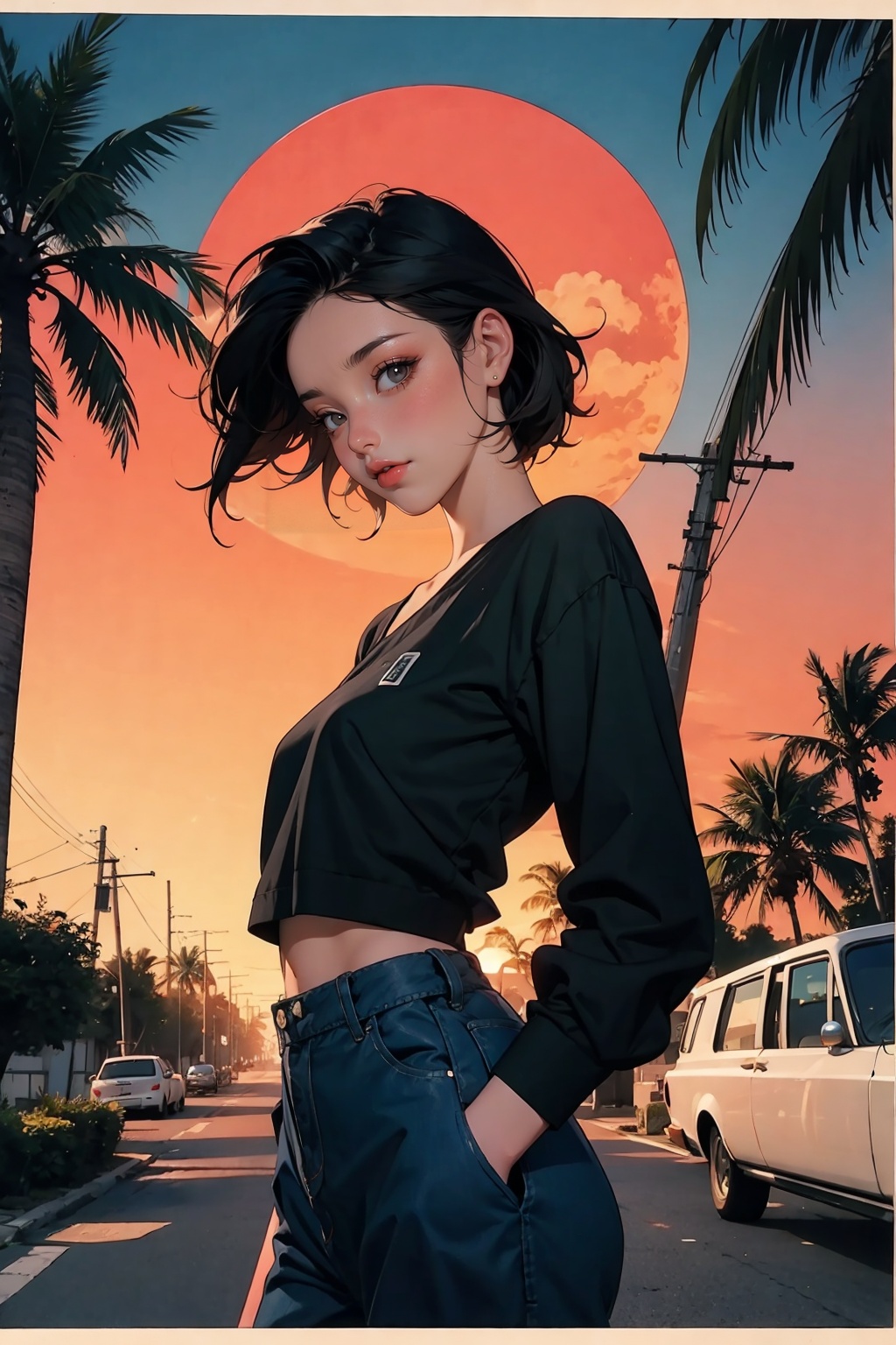 retro girl,  Miami,  sunset on Tensor.Art