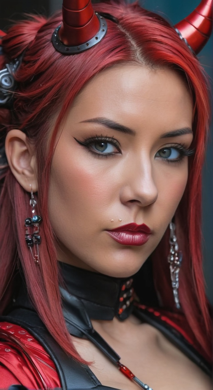 a close up of a woman in a red costume with horns,  very beautiful cyberpunk samurai,  cyberpunk angry gorgeous goddess on...