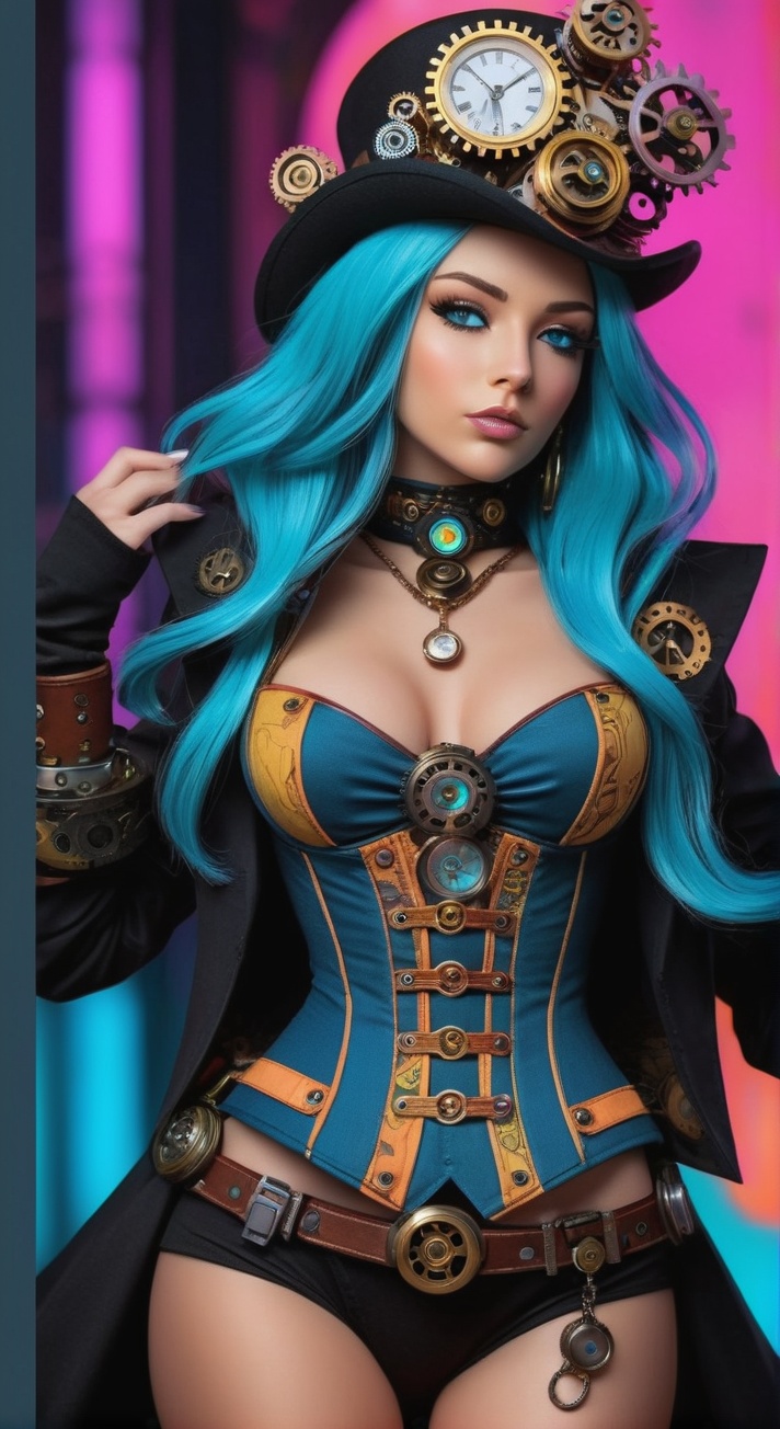 Cybermystic figure with steampunk aesthetics,  intricate clockwork mechanisms interwoven with her attire accentuated by vi...