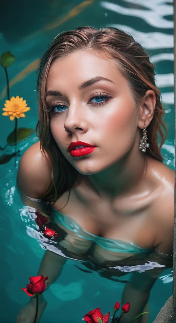 woman wearing red lipstick standing in waters,  dark cyan and light cyan,  brandon woelfel on Tensor.Art