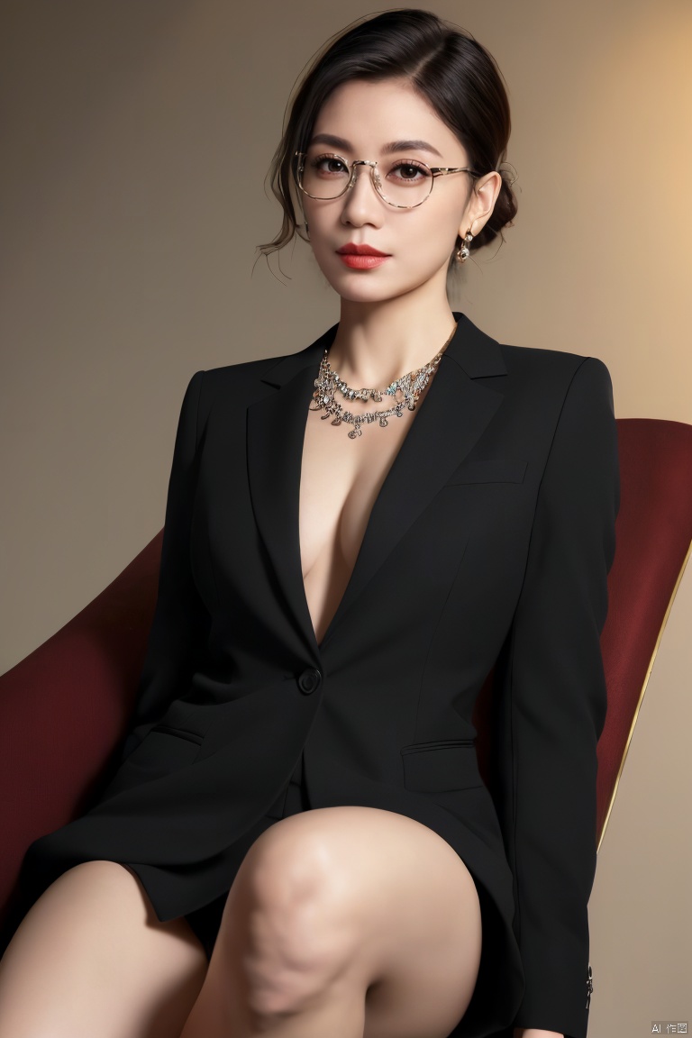  front view of an elegant 45years old asian ((mature)) woman lying back in black_suit at the table,donning a suit jacket and hip-hugging skirt,in a sunset office,((leaning_back:1.4)),((in an arm-chair and legs_reaching_to_table:1.2)),bare_legs,(high_heels),jewelry,necklace,ring,white shirt inside,((full_body,very_short_skirt,leg_up)),detailed_suit,((medium_hair)),half-updo,Charming eyes,glasses,parted_lips,(red_lips,seductive),cleavage,{{{in_suit_top,looking_at_viewer:1.35}}},exquisite facial features,graceful yet seductive posture,from_above,soft lighting,perfect lighting,(masterpiece, realistic, best quality, highly detailed, Ultra High Resolution:1.2),(photorealistic,realistic:1.3) (Photo Art, profession,cinematic_angle),plns,sw,1girl, Light master,shadow,blurry_background, jjw
