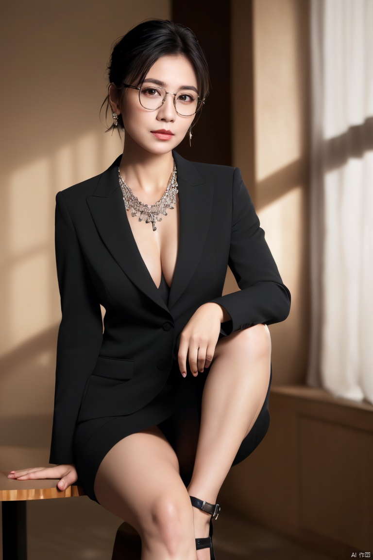  front view portrait of an elegant 45years old asian ((mature)) woman lying in black_suit,donning a suit jacket and hip-hugging skirt,in a sunset office,((leaning_back on an arm-chair and feet_on_table:1.1)),bare_legs,high_heels,crossed_legs_(sitting),jewelry,necklace,ring,white shirt inside,((full_body,short_skirt,leg_up)),{close-up:1.2},detailed_suit,((medium_hair)),half-updo,Charming eyes,glasses,parted_lips,(red_lips,seductive),cleavage,{{{in_suit_top,looking_at_viewer:1.35}}},exquisite facial features,graceful yet melancholic posture,from_front,soft lighting,perfect lighting,(masterpiece, realistic, best quality, highly detailed, Ultra High Resolution:1.2),(photorealistic,realistic:1.3) (Photo Art, profession,cinematic_angle),plns,sw,1girl, Light master,shadow,blurry_background, jjw