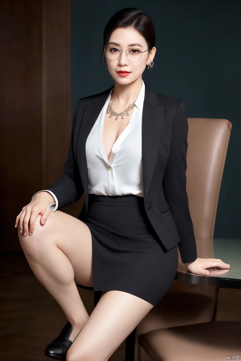  front view portrait of an elegant 45years old asian ((mature)) woman lying in black_suit,donning a suit jacket and hip-hugging skirt,in a sunset office,((leaning_back sitting on an arm-chair and lifted_own_feet_on_table:1.1)),bare_legs,high_heels,crossed_legs_(sitting),jewelry,necklace,ring,white shirt inside,((full_body,short_skirt,leg_up)),{close-up:1.2},detailed_suit,((medium_hair)),half-updo,Charming eyes,glasses,parted_lips,(red_lips,seductive),cleavage,{{{in_suit_top,looking_at_viewer:1.35}}},exquisite facial features,graceful yet melancholic posture,from_front,soft lighting,perfect lighting,(masterpiece, realistic, best quality, highly detailed, Ultra High Resolution:1.2),(photorealistic,realistic:1.3) (Photo Art, profession,cinematic_angle),plns,sw,1girl, Light master,shadow,blurry_background, jjw