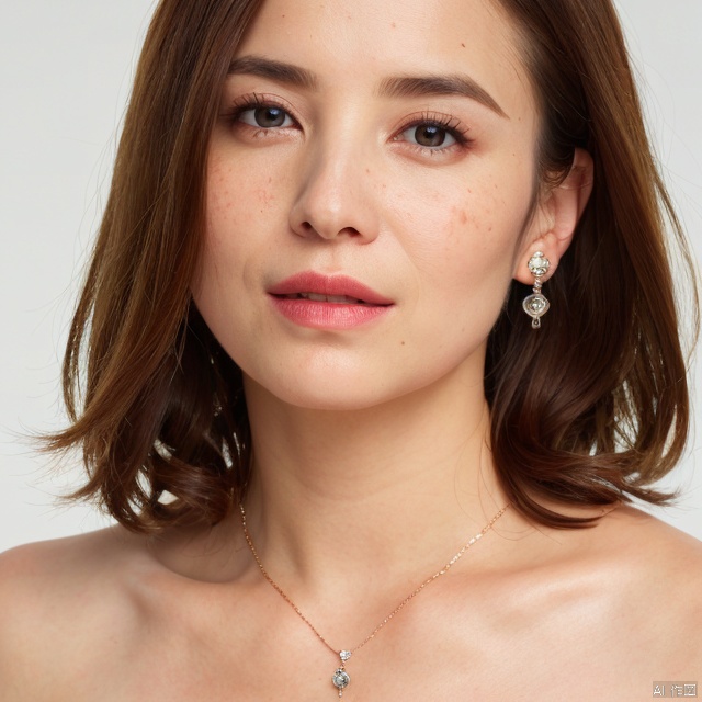  {High detail RAW color portrait of gorgeous woman},{{front view}},face_focus,photo id,1girl,ultra_detailed_face,(((closed_mouth,looking at viewer:1.35))),detailed_eyes,songjia, solo, 1girl, jewelry, earrings, realistic, necklace, simple background, looking at viewer, portrait, freckles, short hair, white background, smile, lips, eyelashes,{simple_background},((32k,RAW photo,best quality, masterpiece:1.2)),(photorealistic,Realistic:1.33),bokeh, 