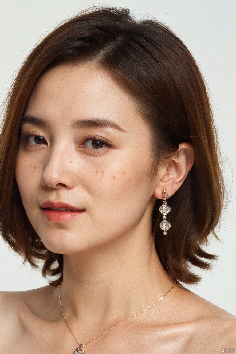  {High detail RAW color portrait of gorgeous woman},{{front view}},1girl,ultra_detailed_face,(((closed_mouth,looking at viewer:1.35))),detailed_eyes,songjia, solo, 1girl,milf, jewelry, earrings, realistic, necklace, simple background, looking at viewer, portrait, freckles, short hair, white background, smile, lips, eyelashes,{simple_background},((32k,RAW photo,best quality, masterpiece:1.2)),(photorealistic,Realistic),bokeh, ,hand up, laugh lines,upper body, songjia, Asian girl, Light master
