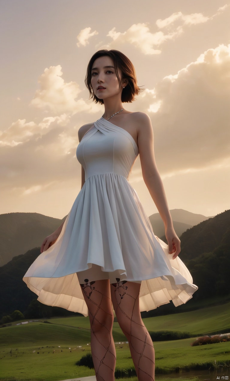  front view of an elegant asian mature woman in a white Chiffon dress,standing in a sunset field,dynamic pose,(the skirt sways with the wind),{feet_out_of_frame,arms_behind_back:1.2},detailed_skirt,detailed_legs,(blackpantyhose,print legwear),((shoulder-length_hair,medium_hair)),Charming eyes,(red_lips,seductive smile),{{{looking_at_viewer,looking_down:1.35}}},exquisite facial features,slim legs,on the eve of the storm,dark clouds,cumulonimbus,solitary and mysterious atmosphere,graceful yet melancholic posture,from_front,cowboy_shot,soft lighting,outdoor,natural landscape,dramatic,perfect lighting,(masterpiece, realistic, best quality, highly detailed, Ultra High Resolution:1.2),(photorealistic,realistic:1.3) (Photo Art, profession,cinematic_angle),plns,sw,1girl, songjia, Light master,shadow,