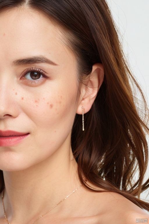  {High detail RAW color portrait of gorgeous woman},{{front view}},face_focus,photo id,1girl,ultra_detailed_face,(((closed_mouth,looking at viewer:1.35))),detailed_eyes,songjia, solo, 1girl, jewelry, earrings, realistic, necklace, simple background, looking at viewer, portrait, freckles, short hair, white background, smile, lips, eyelashes,{simple_background},((32k,RAW photo,best quality, masterpiece:1.2)),(photorealistic,Realistic:1.33),bokeh, ,hand up, laugh lines,upper body,