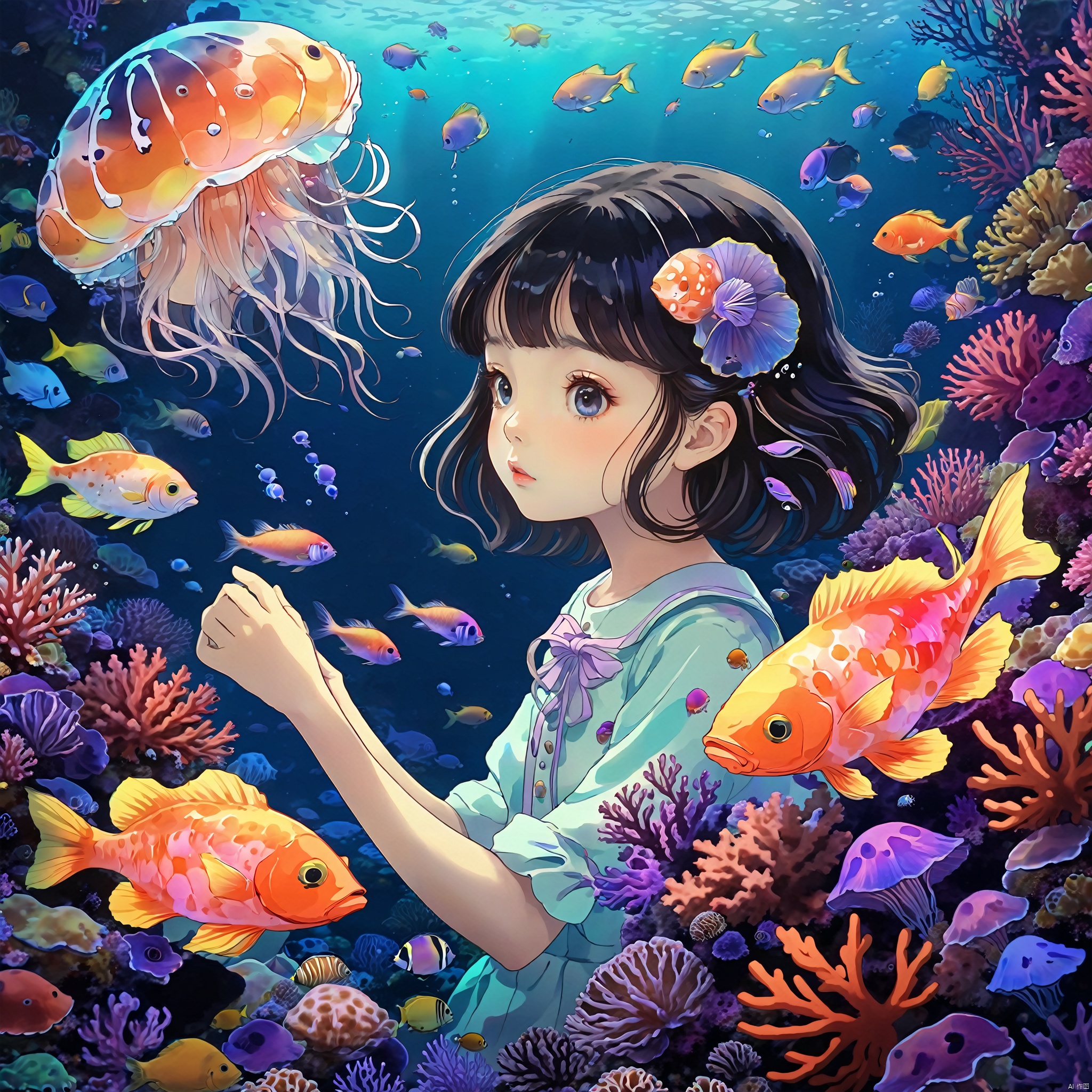  A young girl, exquisite and beautiful, with deep-sea fish and various colors of coral and jellyfish, sea anemones, corals, psychedelic, various marine creatures, bright color combinations, fantasy7033, sangonomiyakokom, waterM