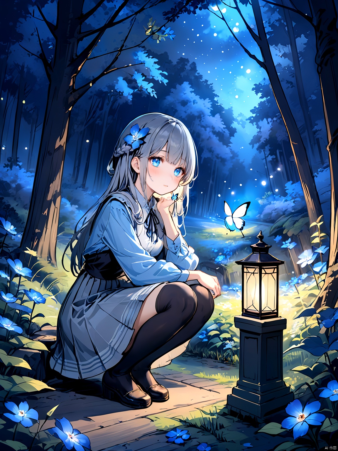  1girl, long hair, blue eyes, flower, bug, black thighhighs, hair ornament, outdoors, nature, long sleeves, skirt, forest, night, hair flower, butterfly, bangs, tree, sitting, holding, lantern, blush, braid, closed mouth, blue flower, glowing, shirt, grey skirt, squatting, grey hair, sidelocks, fireflies
, waterM