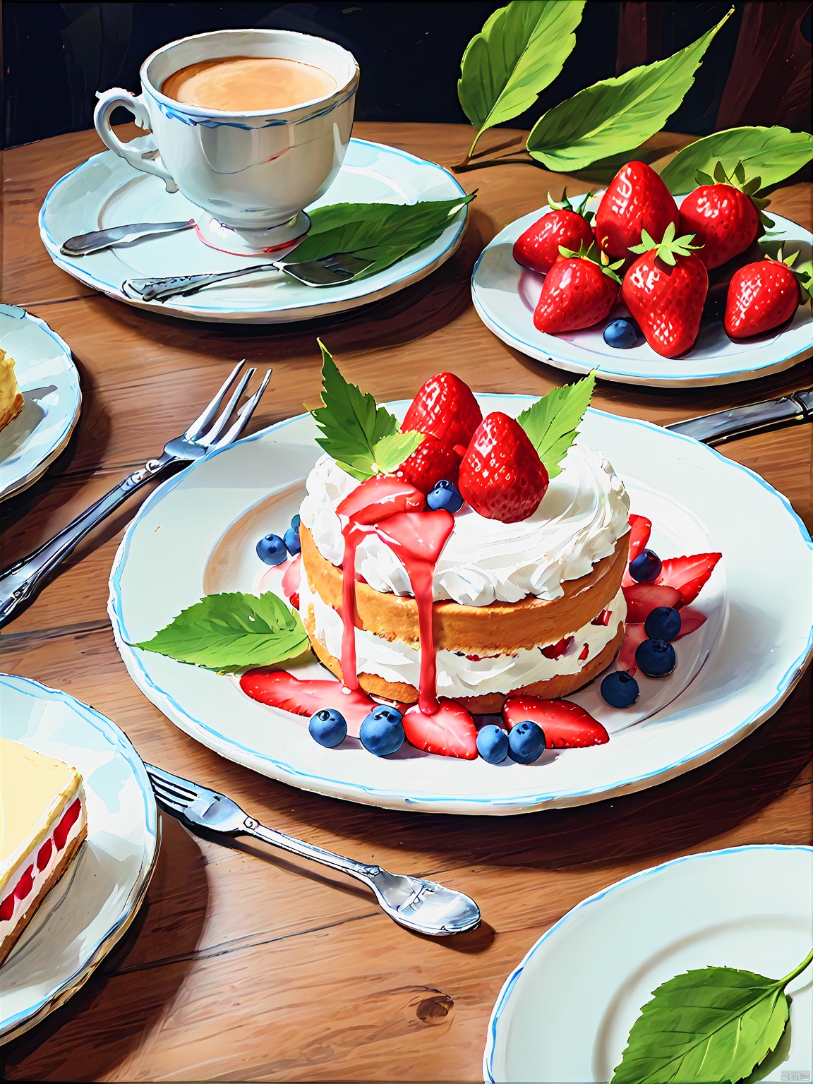  food, blurry, no humans,leaf, plate, cake, realistic, strawberry, fork, food focus, still life, dessert, waterM