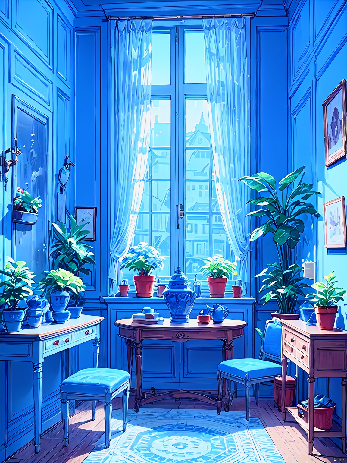  no humans, plant, stool, scenery, potted plant, window, blue theme, table, indoors, (((masterpiece))),(((best quality))),((ultra-detailed)), waterM