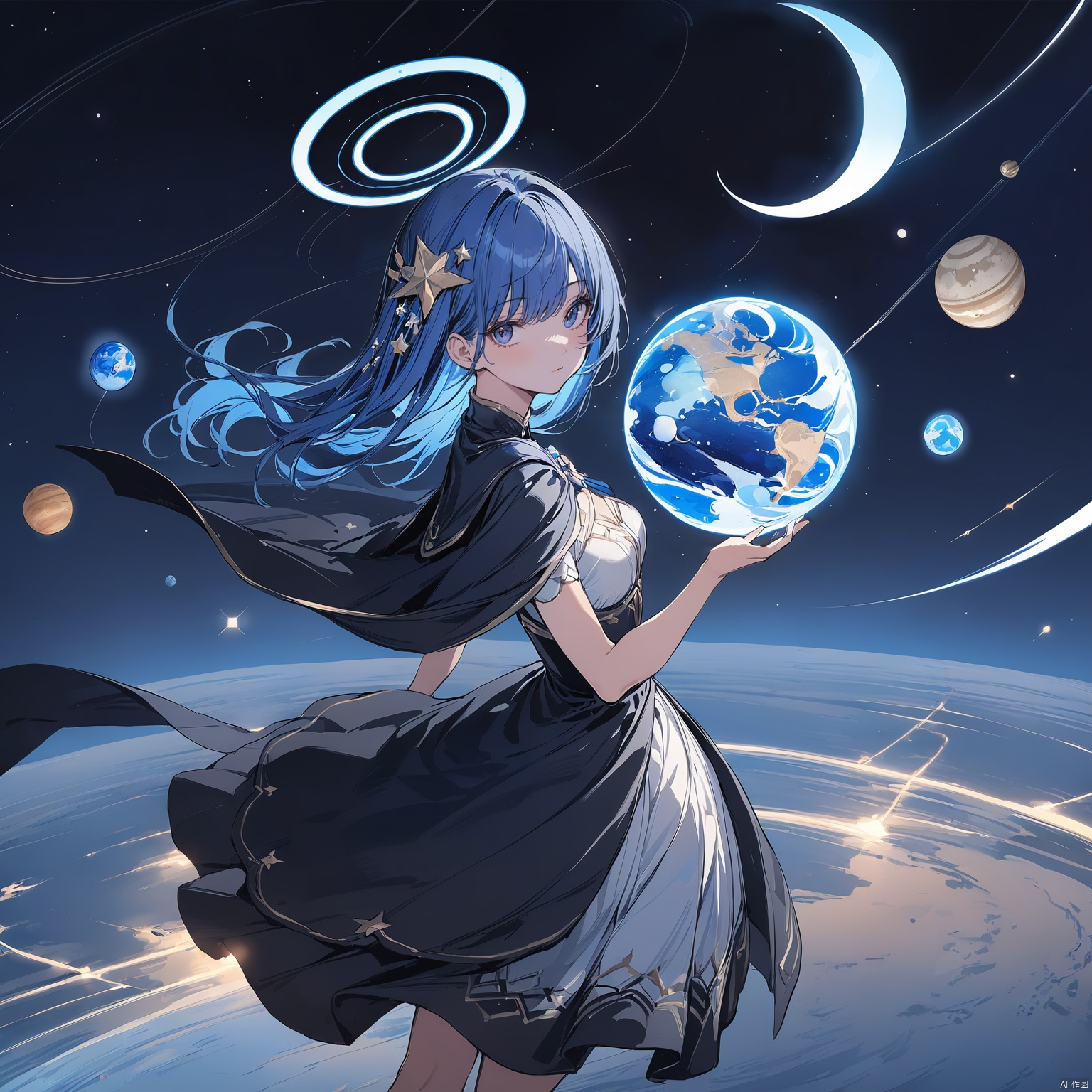  masterpiece,best quality,
1girl,
solo, looking at viewer,hair ornament, dress, closed mouth, blue hair, cape, halo, star \(sky\), floating, planet, orb, waterM