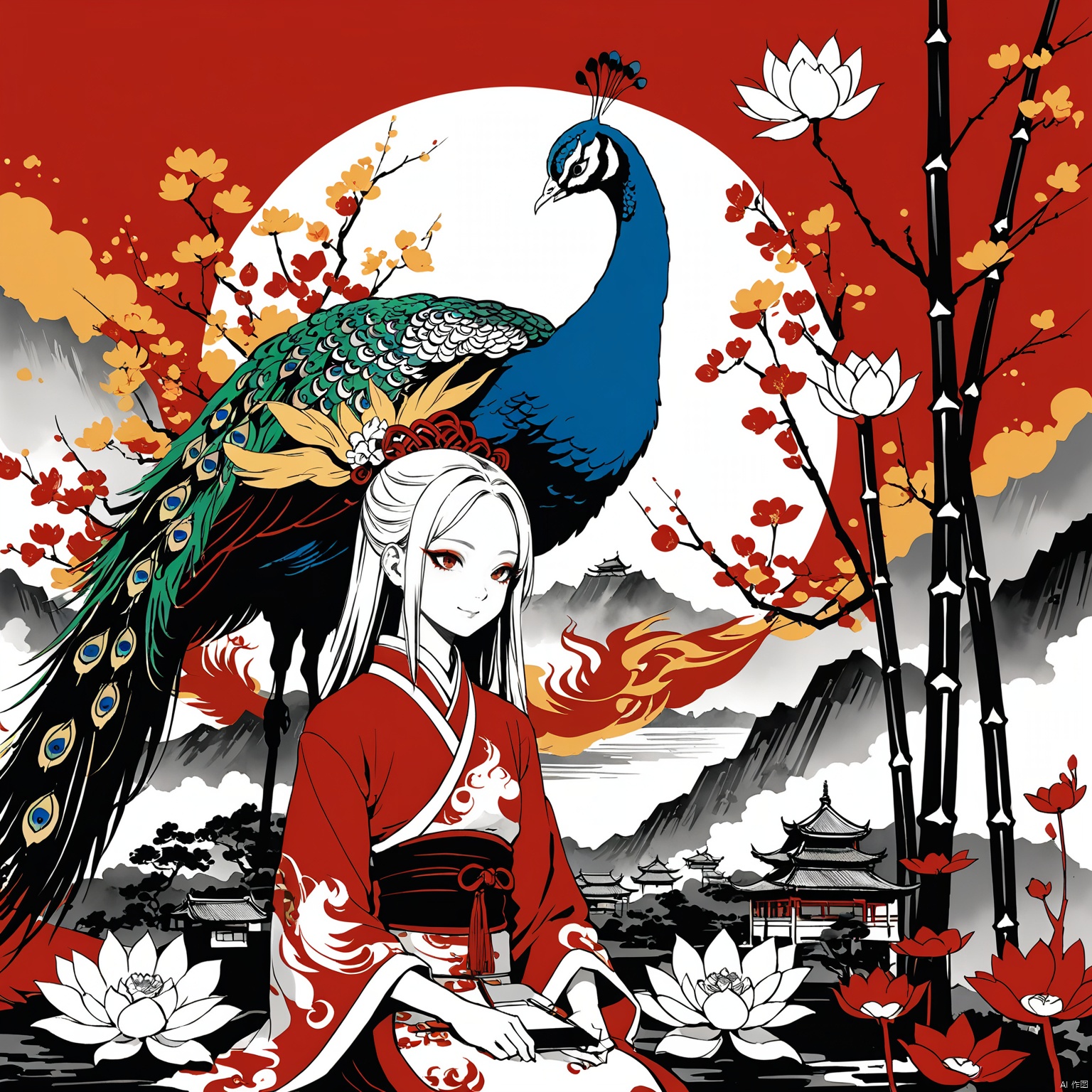  (Chinese girl:1.35),((red and yellow:0.85) but Limited palette:1.2),//,Chinese architecture,Ink,hair flowers,bamboo forest,bamboo,//(long hair),white hair,(loli),small breasts,upper body,smile,((phoenix)),fire,(makeup,red eyeliner),red eyeshadow,red eyes,(long eyelashes),half-closed eyes,peacock skirt,growth,leaf,tree,branch,peacock feathers,bare shoulders,bare legs,(chinese knot),( ink painting, ink splashes, ink wash),cloudy,cirrocumulus,mountains,lake,Chinese style architecture,(Yellow Crane Tower),chinese_trees,branch,(plum blossom),(lotus),petals, waterM