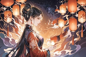 long hair, black hair, hair ornament, jewelry, earrings, hair bun, profile, chinese clothes, single hair bun, lantern