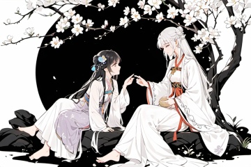 long hair, bangs, multiple girls, black hair, hair ornament, long sleeves, dress, 2girls, sitting, very long hair, braid, flower, white hair, barefoot, hair flower, hair bun, looking at another, profile, chinese clothes, branch, hanfu