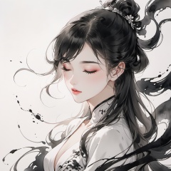 Masterpiece, best quality, realistic details, modern girl, curly hair, closed eyes, thick eyelashes, pink lips, upper body, ink wash style, traditional chinese ink painting, black and white ink painting,