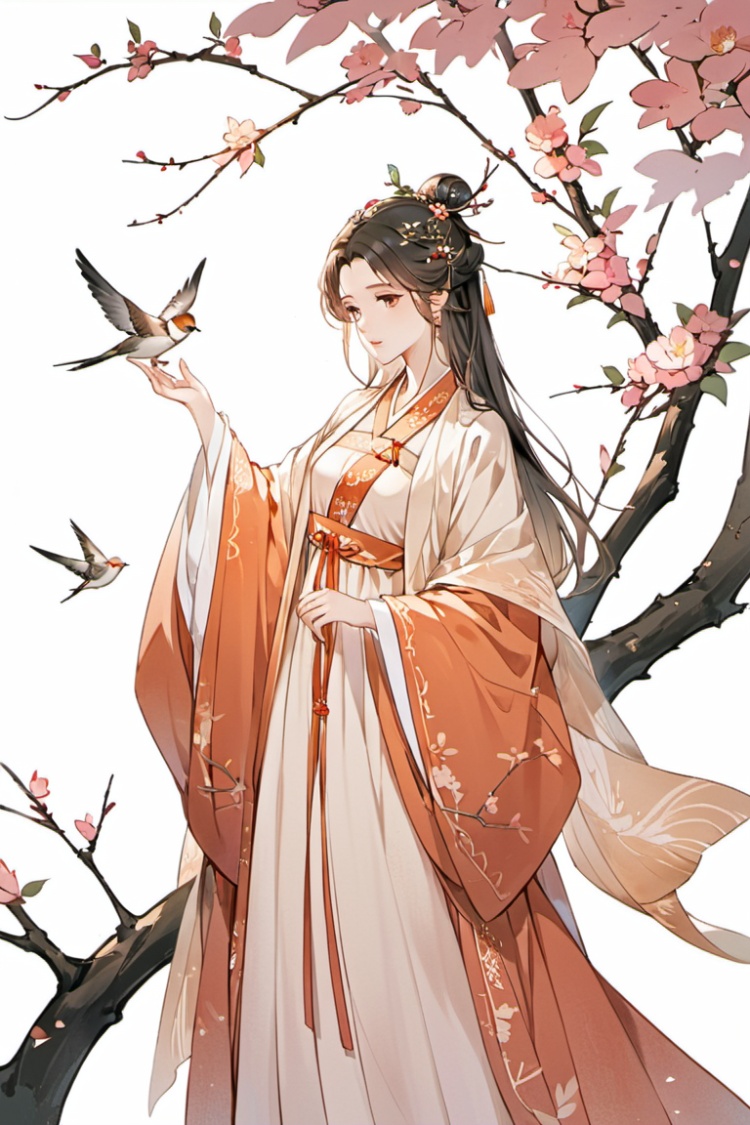 1girl, long hair, hair ornament, long sleeves, dress, standing, wide sleeves, hair bun, bird, chinese clothes, shawl, branch, hanfu