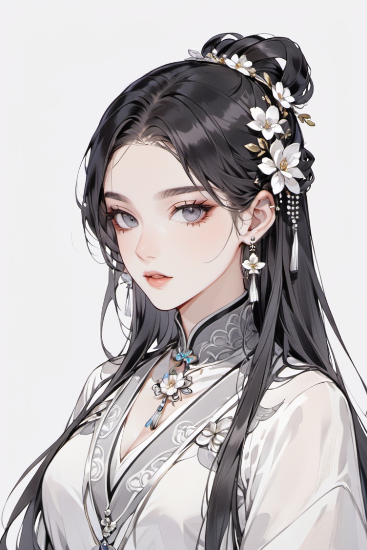 1girl, solo, long hair, looking at viewer, hair ornament, jewelry, upper body, flower, earrings, parted lips, grey eyes, chinese clothes