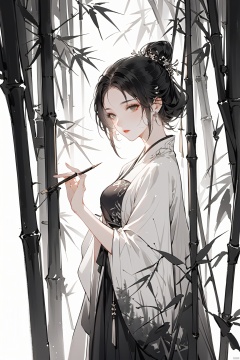  A beautiful girl standing upright in a bamboo forest, delicate face, calm and elegant, Tyndall light effect, Chinese ink painting style, Zhang Daqian, black and white ink, momentary, superbly written style,

