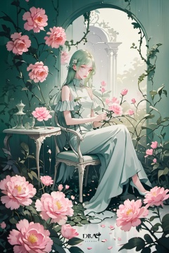 1girl,moyou,masterpiece, High resolution, High quality,blurry foreground,blurry background,(dark gray green),(Hazy flowers)(Gray-green solid color background),Velvet flowers,35mm,Large aperture,(Depth of field),(Hazy feeling), Dream sceneLayered plants, Tiny vines, (Large Carnation growing on vines), Very few flowers,Very few flowers, white and light pink Velvet flowers,advertising campaign, a chair surrounded by flowers,The background features green plants and roses,(soft lighting) in the style of Tim Walker's Prada fashion campaigns, In the style of Tim Walker's Prada fashion campaigns,Dior advertisement Scenery,Prada's aesthetic,(white rose:0.9),minimalistic,,pastel shades,dream aesthetic,nature and floral aesthetics,Photorealistic,dreamy light color palette,(Oil painting texture), (Classical color), fantasy,(in style of petra collins), 