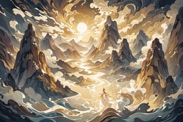 Story sense scene, an abstract scene of mountains, clouds and sea, a fairy in flowing white Hanfu standing in front of the mountains and clouds, golden color palette, incredible murals, Complex and bizarre illustration style, stars shining, fantasy art, high Angle shooting