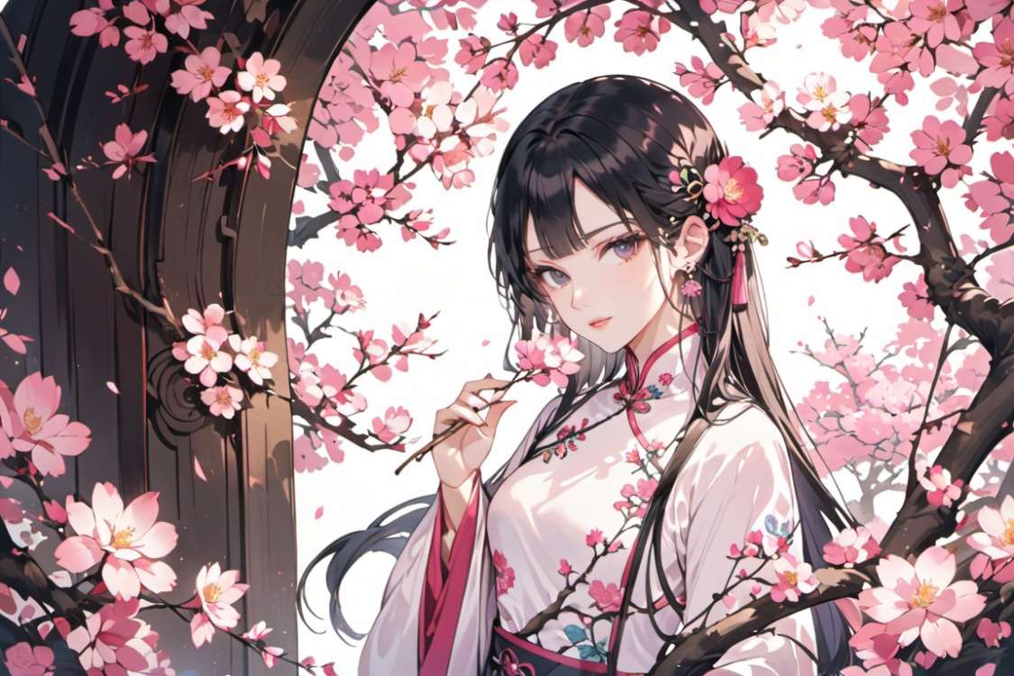 1girl, solo, long hair, looking at viewer, black hair, hair ornament, long sleeves, holding, jewelry, flower, earrings, chinese clothes, cherry blossoms, pink flower, branch, holding flower