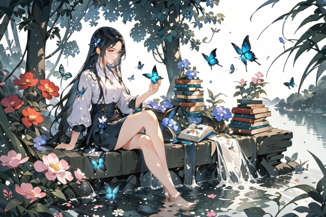 1girl, solo, long hair, black hair, sitting, flower, water, book, bug, butterfly, book stack, butterfly on hand