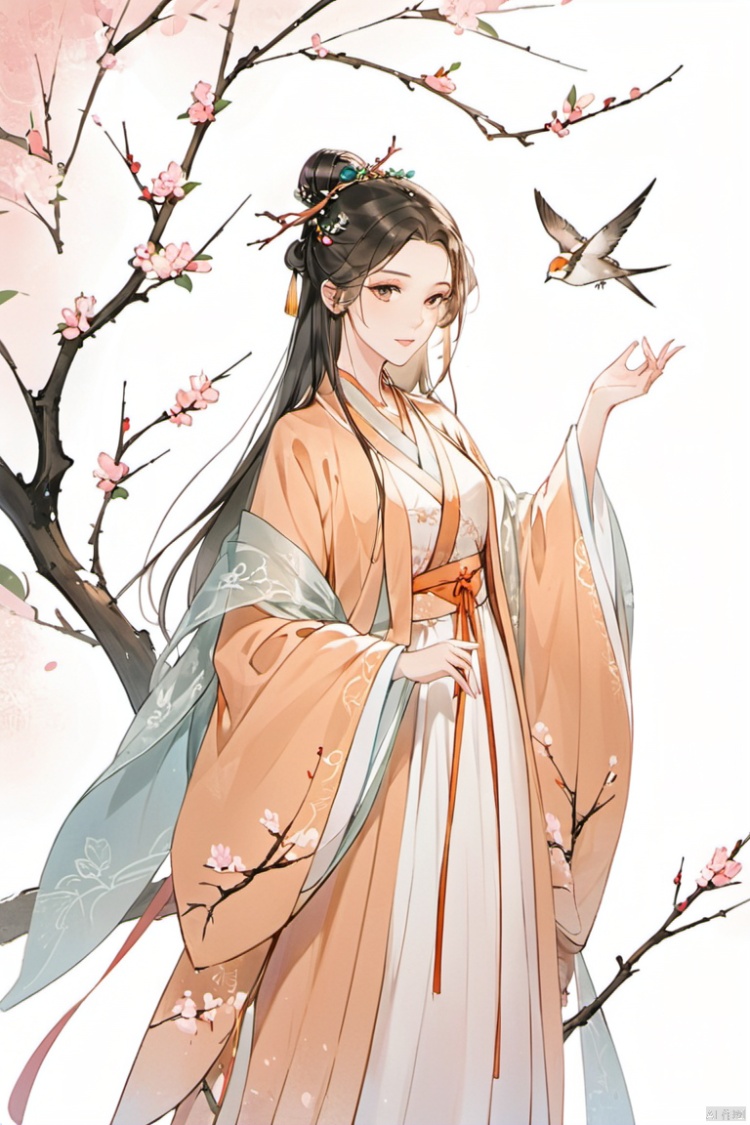  1girl, long hair, hair ornament, long sleeves, dress, standing, wide sleeves, hair bun, bird, chinese clothes, shawl, branch, hanfu
