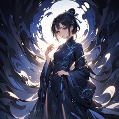(abstract art:1.4), masterpiece, best quality, ultra high res, beautiful, visually stunning, (1girl:1.3), (dark blue theme:1.2), deep blue, cowboy shot,girl,wuxia,Chinese style,(Small chest:0.75),niji, sunlight, monkren