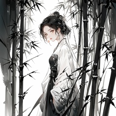 A beautiful girl standing upright in a bamboo forest, delicate face, calm and elegant, Tyndall light effect, Chinese ink painting style, Zhang Daqian, black and white ink, momentary, superbly written style,