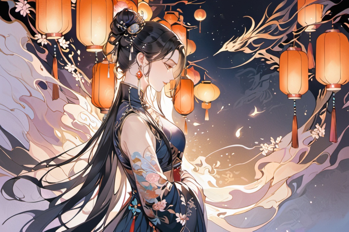 long hair, black hair, hair ornament, jewelry, earrings, hair bun, profile, chinese clothes, single hair bun, lantern