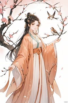 1girl, long hair, hair ornament, long sleeves, dress, standing, wide sleeves, hair bun, bird, chinese clothes, shawl, branch, hanfu
