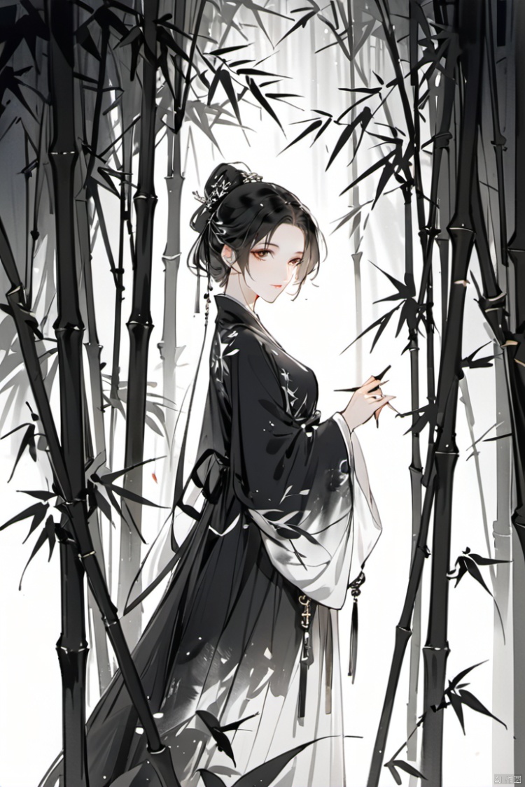  A beautiful girl standing upright in a bamboo forest, delicate face, calm and elegant, Tyndall light effect, Chinese ink painting style, Zhang Daqian, black and white ink, momentary, superbly written style,
