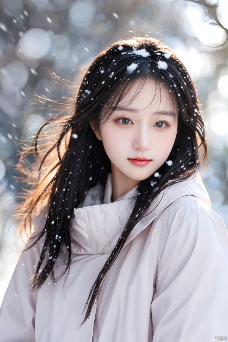  masterpiece, best quality, 1girl ((snowy background)), black hair, floating hair, blush, looking at viewers, white glossy down jacket, happy, ((side)), whole body, feeling snow, (studio light), soft light, dark style, night style, winter, best quality, masterpiece, highres, original, extremely detailed wallpaper,,perfect lighting,(extremely detailed CG:1.2), drawing, paintbrush, 1girl, depth of field,Clear facial features, focusing on the eyes, Purity Portait